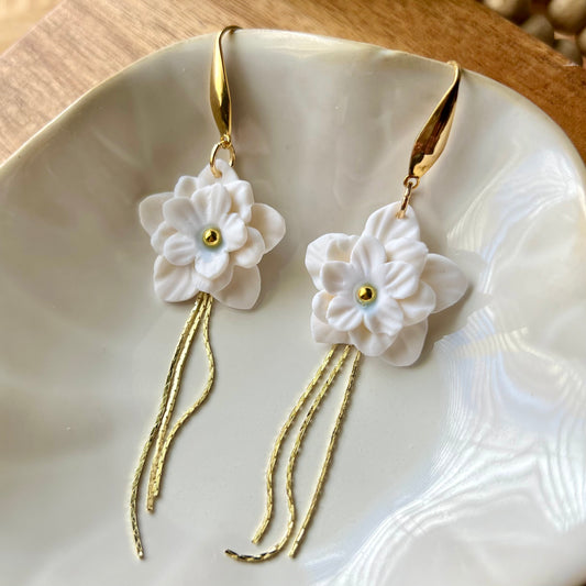 White Flower & Chain Polymer Clay Dangle Earrings