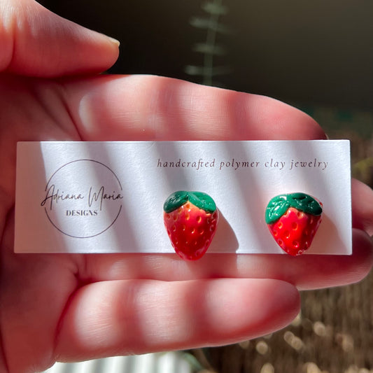 Mini Red Strawberry Polymer Clay Stud Earrings, miniature fruit realistic