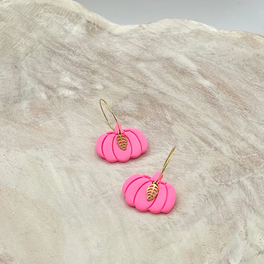 Bright Pink Pumpkin Polymer Clay Dangle Hoop Earrings - October Breast Cancer Awareness
