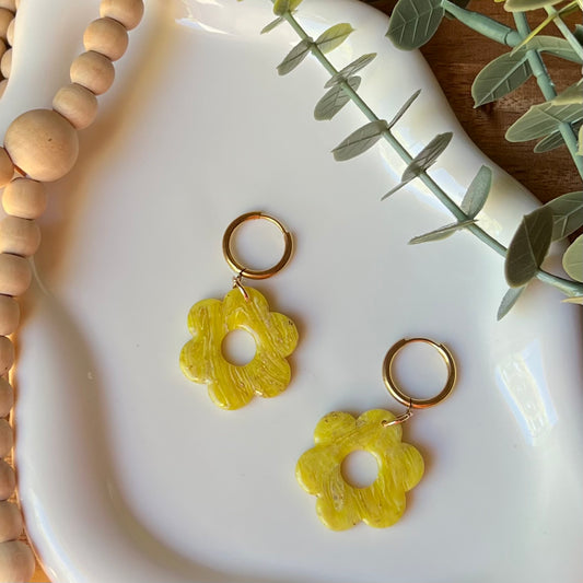 Yellow Marbled Flower Polymer Clay Hoop Earrings