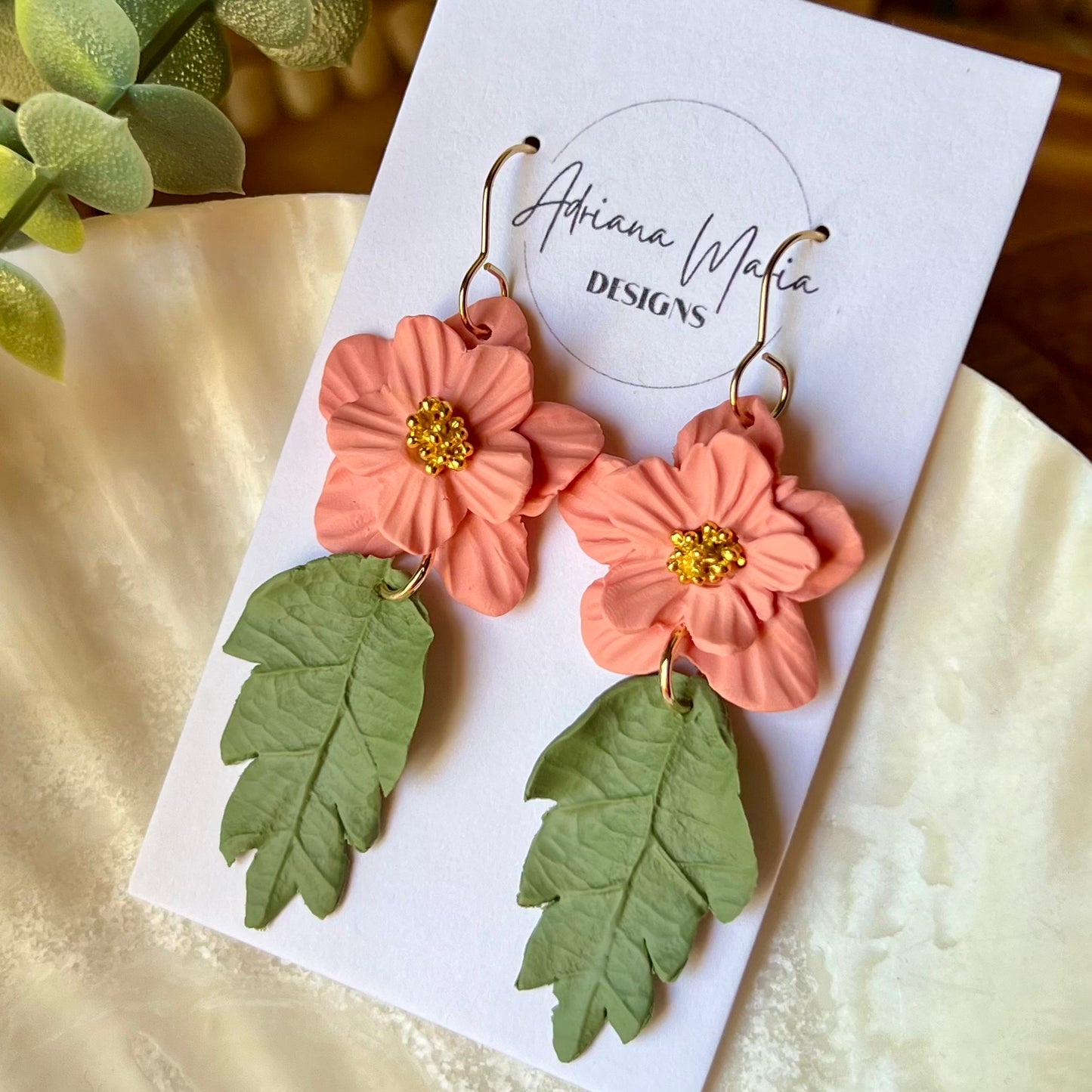 Coral Pink Flower Dangle Clay Earrings