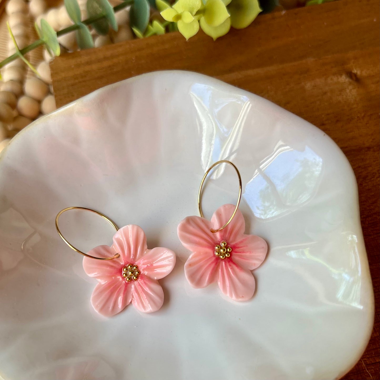 Cherry Blossom Sakura Flower Clay Hoop Earrings