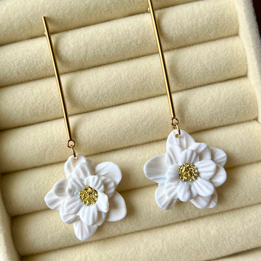 White Flower Drops Polymer Clay Earrings