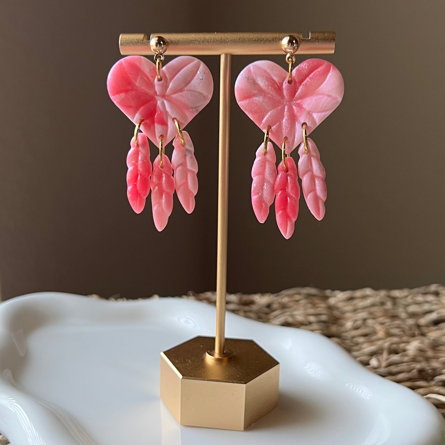 Pink Marbled Heart Polymer Clay Earrings