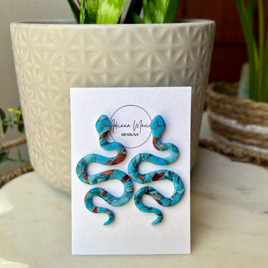Turquoise Stone inspired Polymer Clay Snake Earrings with Stud Posts, lightweight, western style