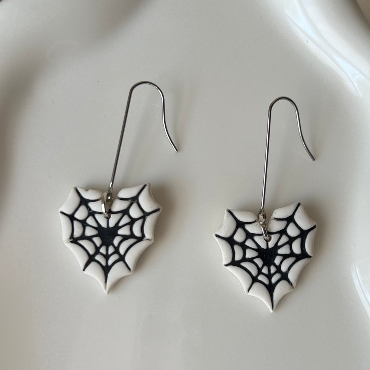 Glow in the Dark Spiderweb Heart Clay Dangle Earrings
