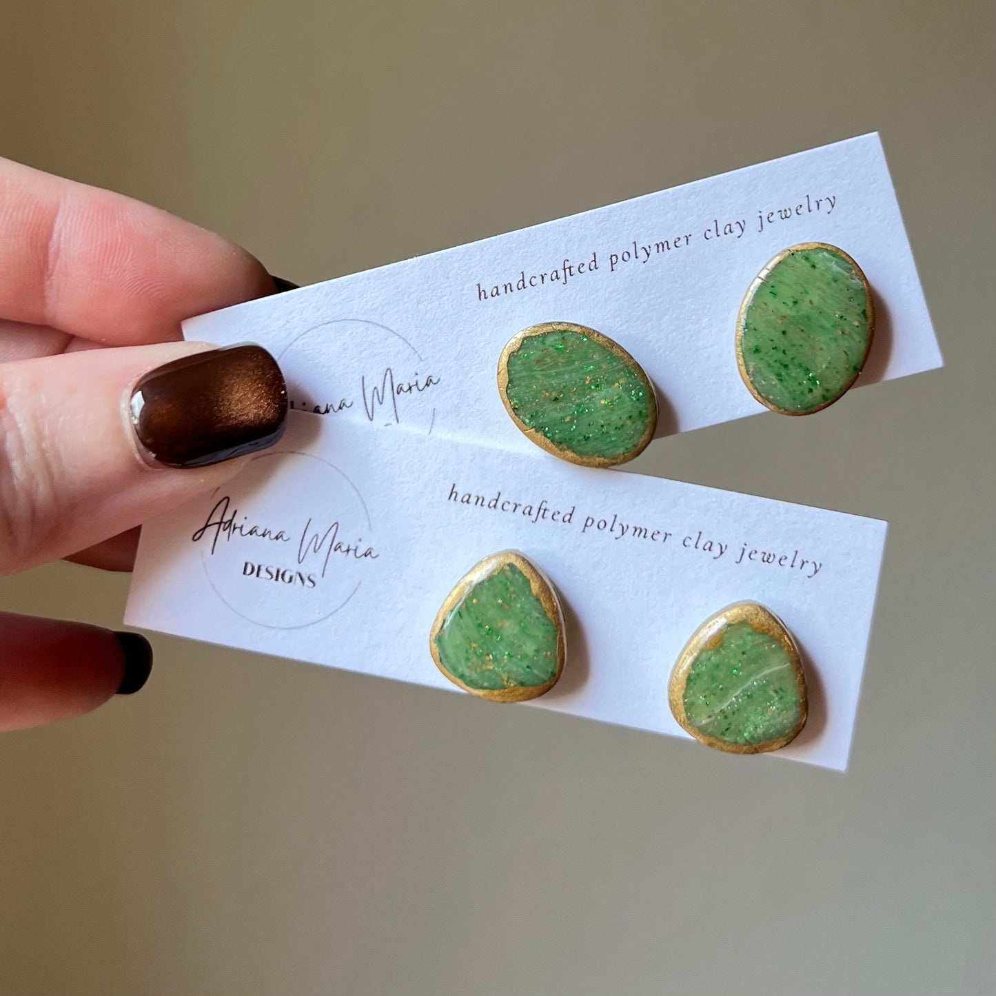 Green Marbled Polymer Clay Stud Earrings