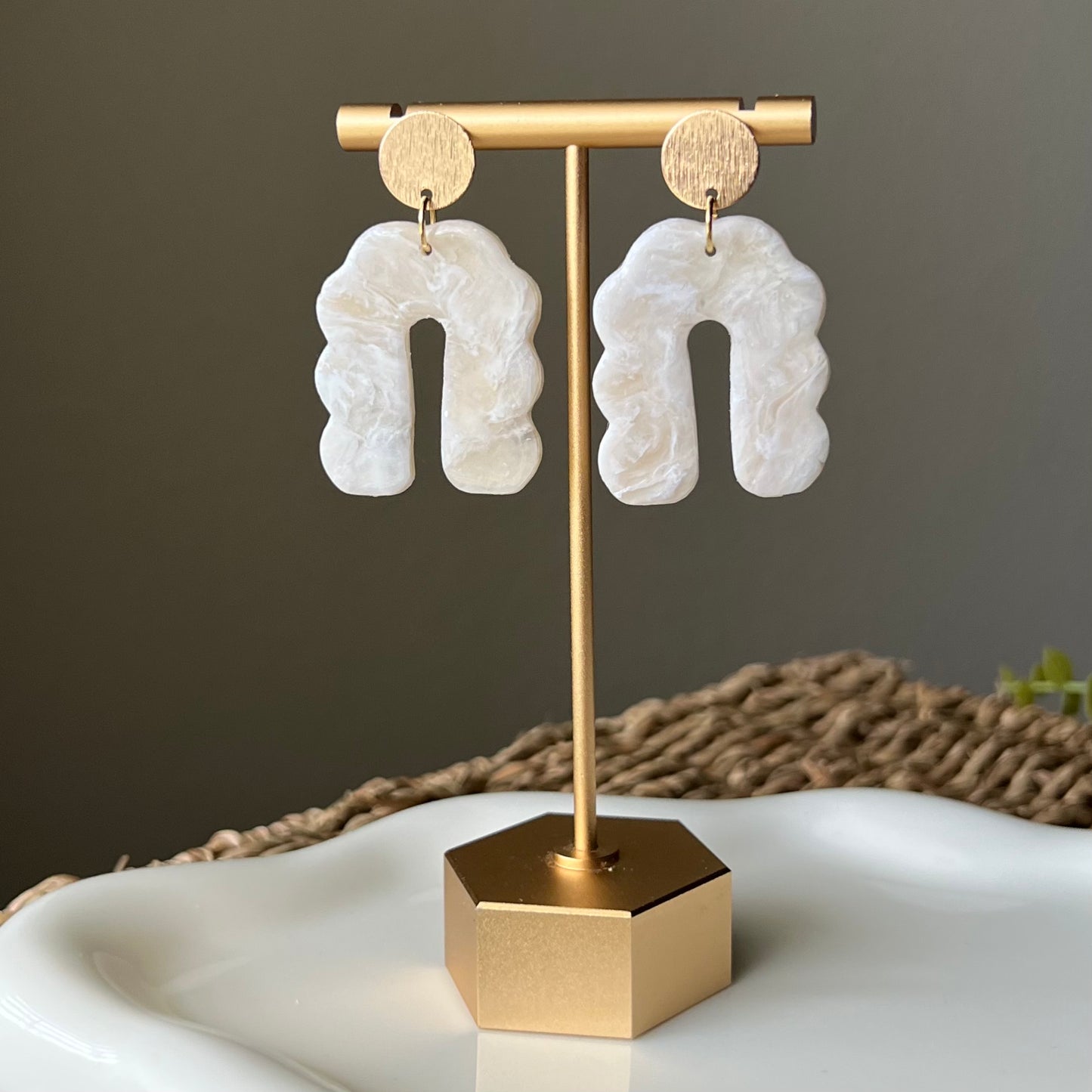 Ivory Marbled Scalloped Arches Polymer Clay Earrings