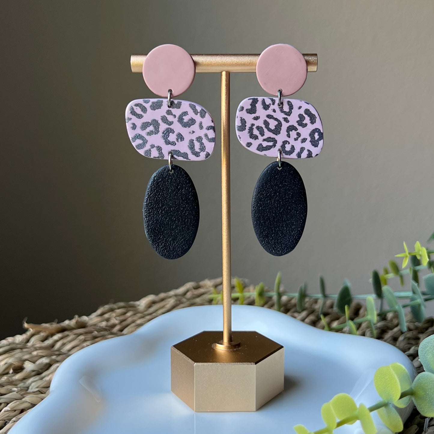 Neutral Leopard Polymer Clay Dangle Earrings
