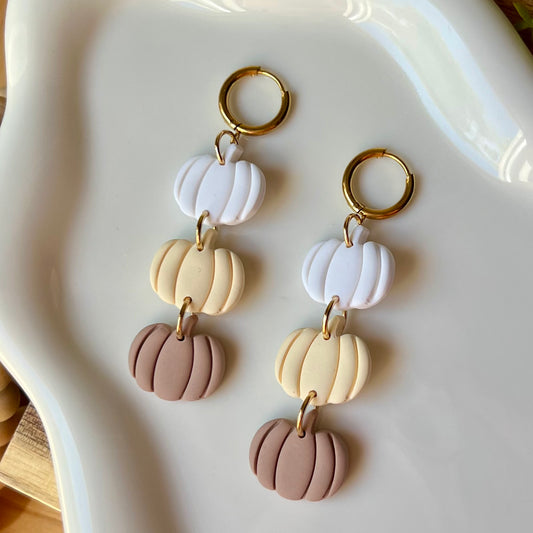 Triple Tier Neutral Pumpkin Polymer Clay Hoop Earrings