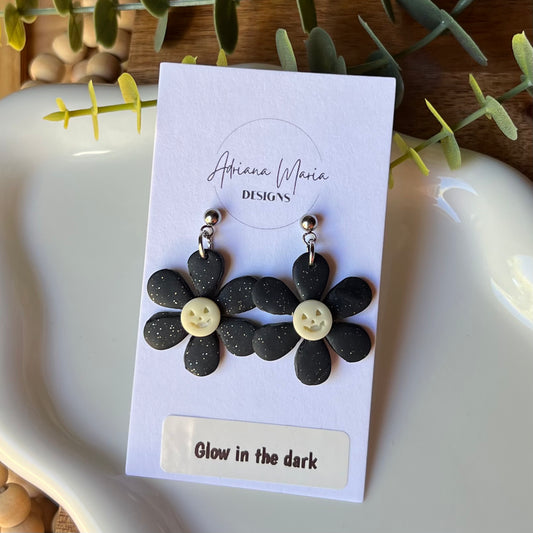 Glow in the Dark Pumpkin Face Flower Polymer Clay Earrings