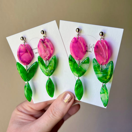Polymer Clay Earrings - Fuchsia Pink Marbled Tulip Flower Statement Dangles