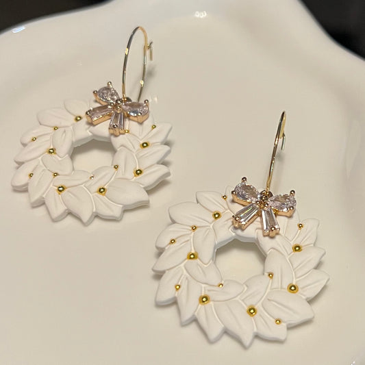 White Christmas Wreath Polymer Clay Hoop Earrings with CZ Bows
