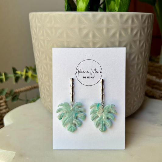 Marbled Monstera Leaf Polymer Clay Earrings with Bamboo Stainless Accent, Plant Dangles
