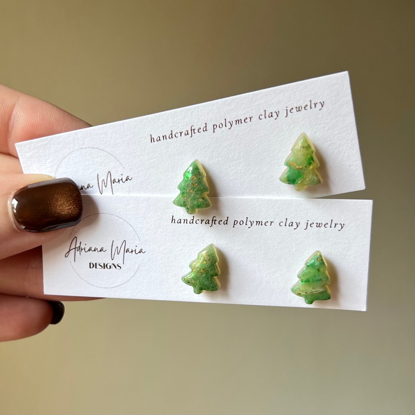 Green Marbled Christmas Tree Polymer Clay Stud Earrings