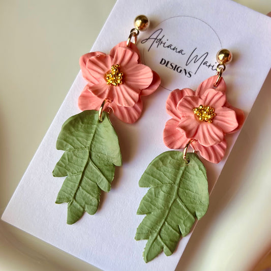 Coral Pink Flower Dangle Clay Earrings
