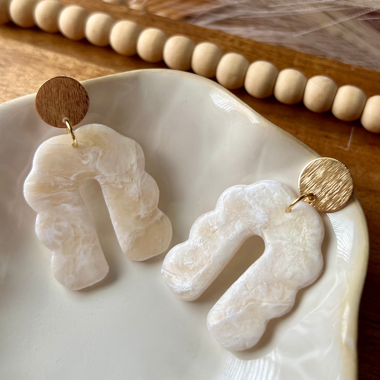 Ivory Marbled Scalloped Arch Polymer Clay Earrings