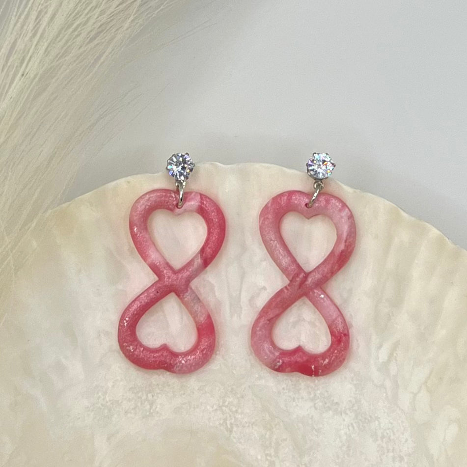 Pink Marble Heart Infinity Polymer Clay Earrings