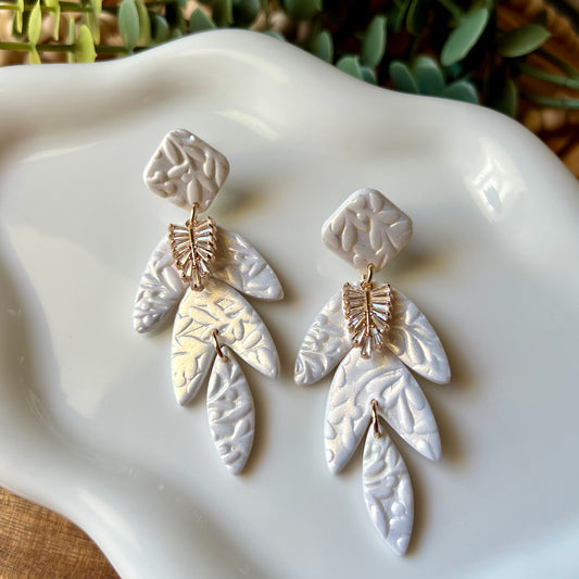 Bridal Collection: Pearly White Foliage Polymer Clay Earrings