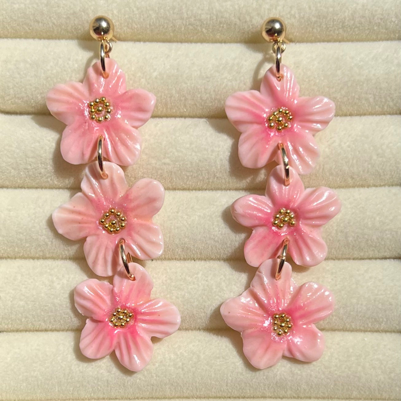 Triple Cherry Blossom Sakura Flower Clay Earrings
