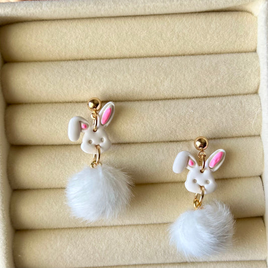 Bunny Face & Pom Pom Polymer Clay Earrings