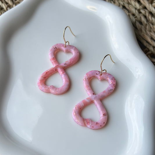 Polymer Clay Earrings - Pink Rose Quartz Inspired Infinity Heart, Lightweight Dangles
