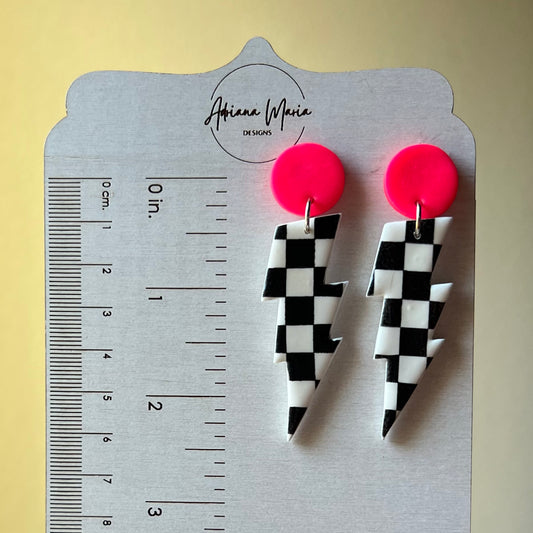 Polymer Clay Earrings - Neon Pink and Black & White Checkered Lightning Bolt Dangles