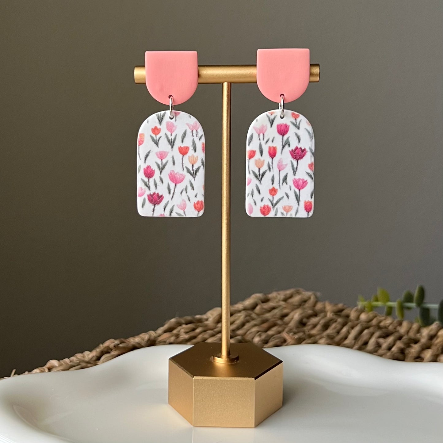 Coral Pink Tulip Arch Shaped Polymer Clay Dangle Earrings