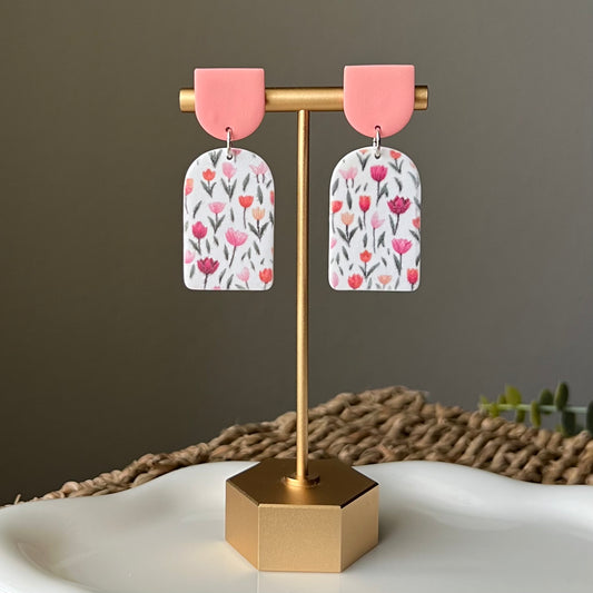 Coral Pink Tulip Arch Shaped Polymer Clay Dangle Earrings