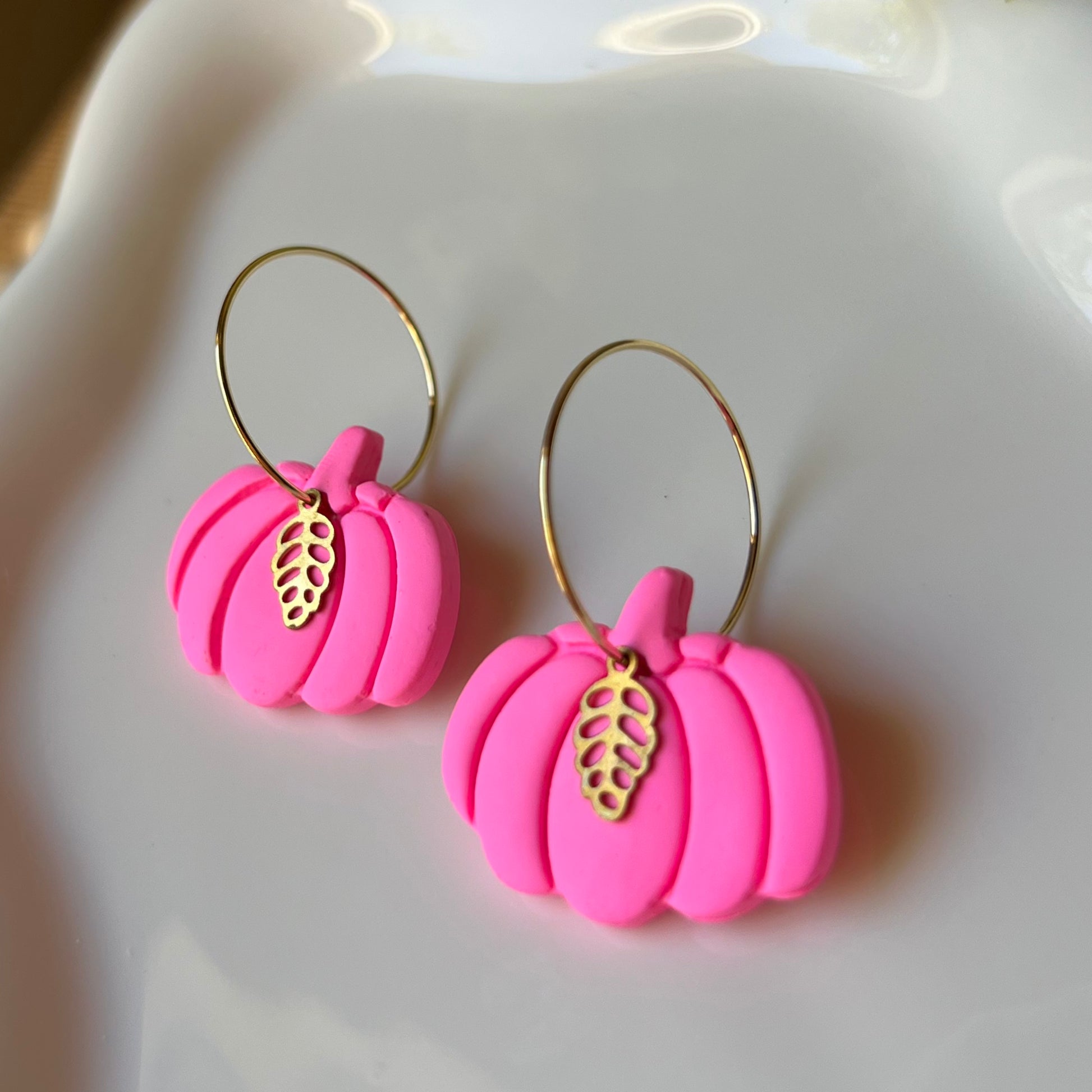Bright Pink Pumpkin Polymer Clay Hoop Earrings October Breast