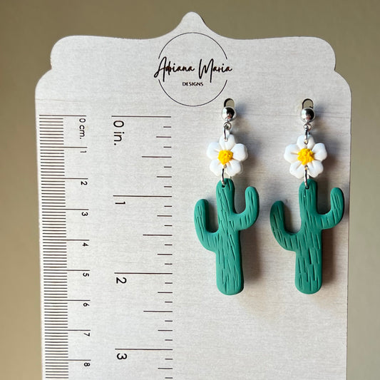 Daisy Flower & Green Cactus Polymer Clay Dangle Earrings