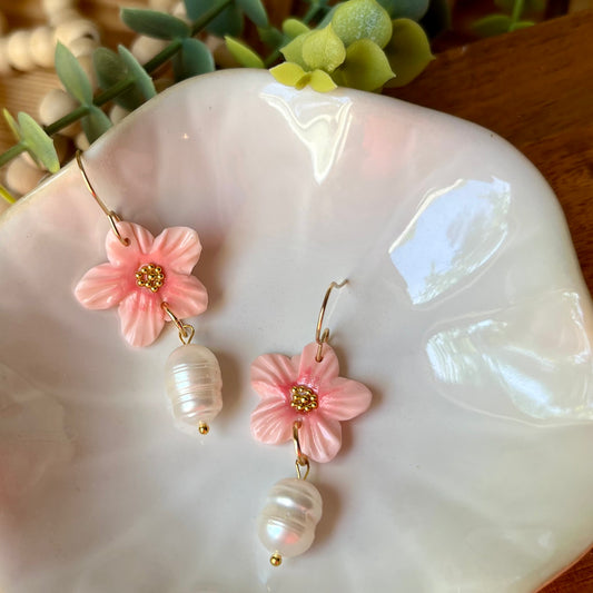 Cherry Blossom Sakura Flower & Pearl Clay Earrings