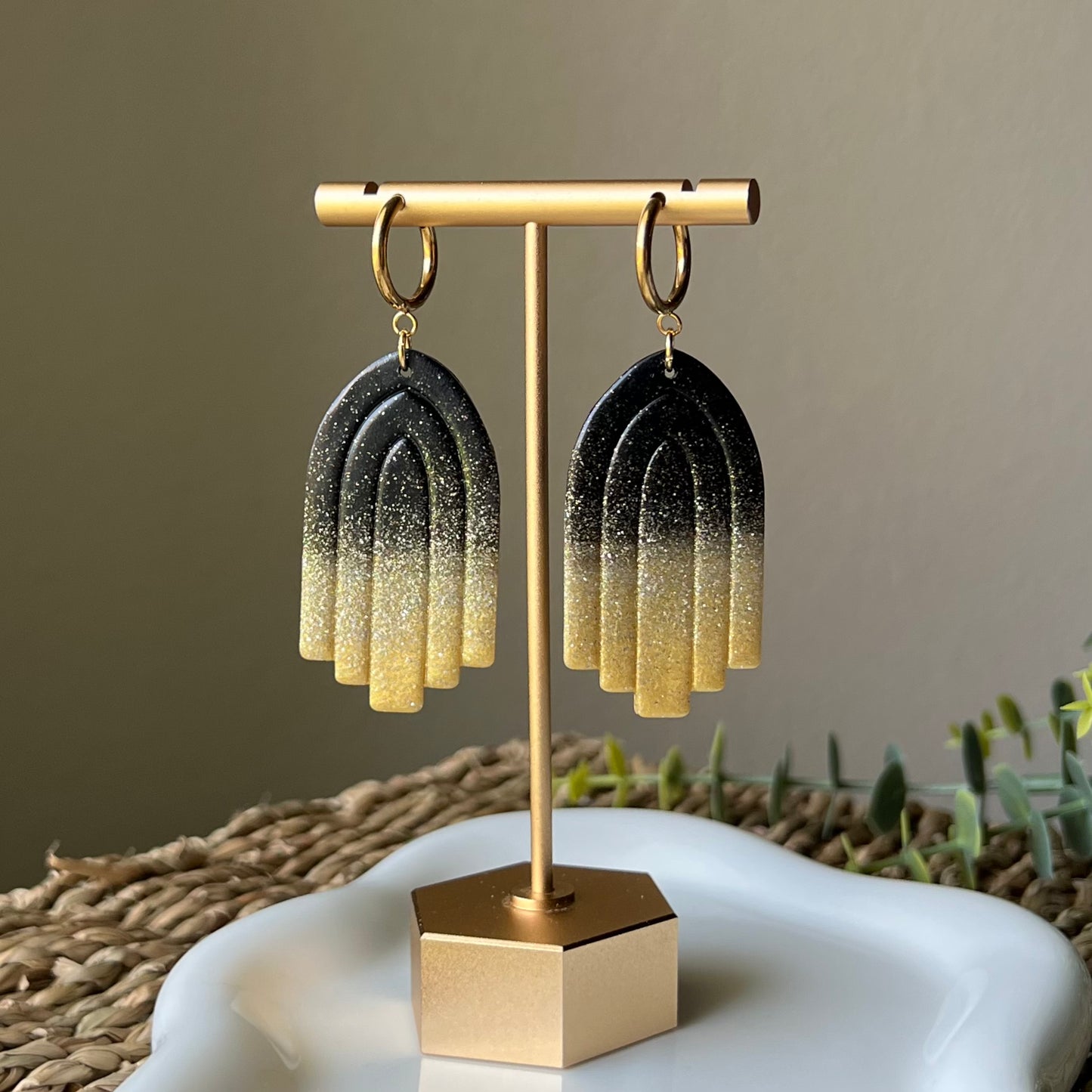 Black & Gold Glitter Tiered Arches Polymer Clay Earrings