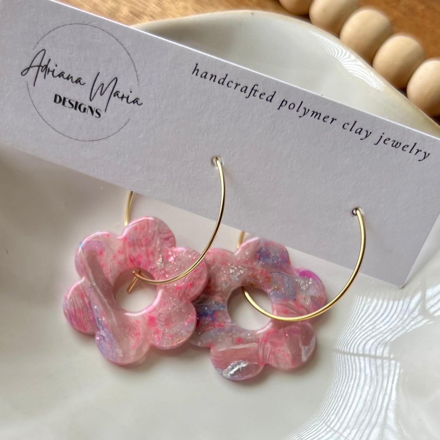Retro Flower Inspired Polymer Clay Hoop Earrings
