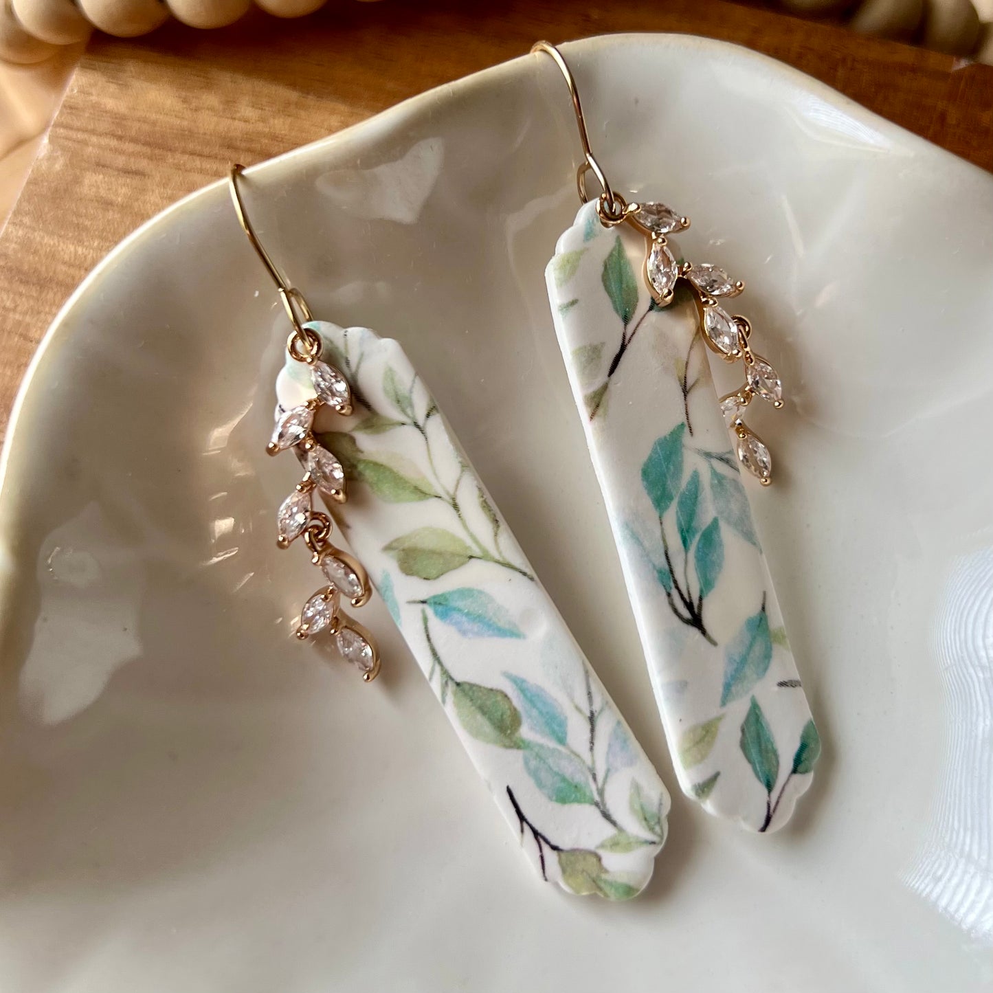 Spring Floral & CZ Vine Pendant Polymer Clay Dangle Earrings