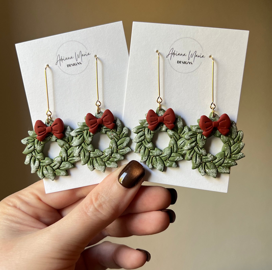 Green Snowy Wreath & Red Bow Clay Dangle Earrings