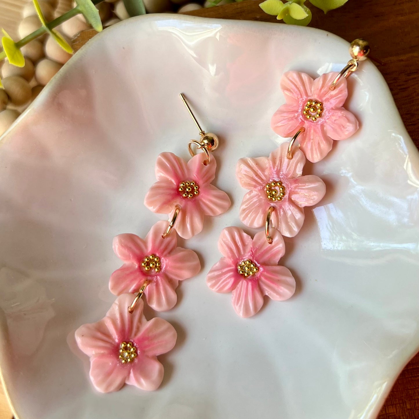 Triple Cherry Blossom Sakura Flower Clay Earrings