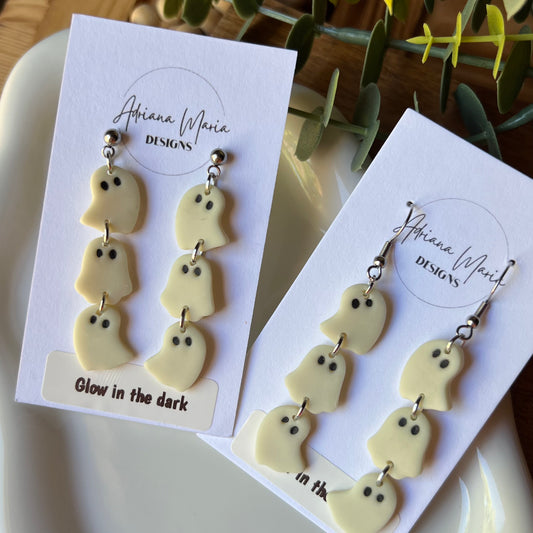 Glow in the Dark Triple Ghost Polymer Clay Dangle Earrings