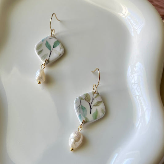 Spring Floral & Freshwater Pearl Polymer Clay Dangle Earrings