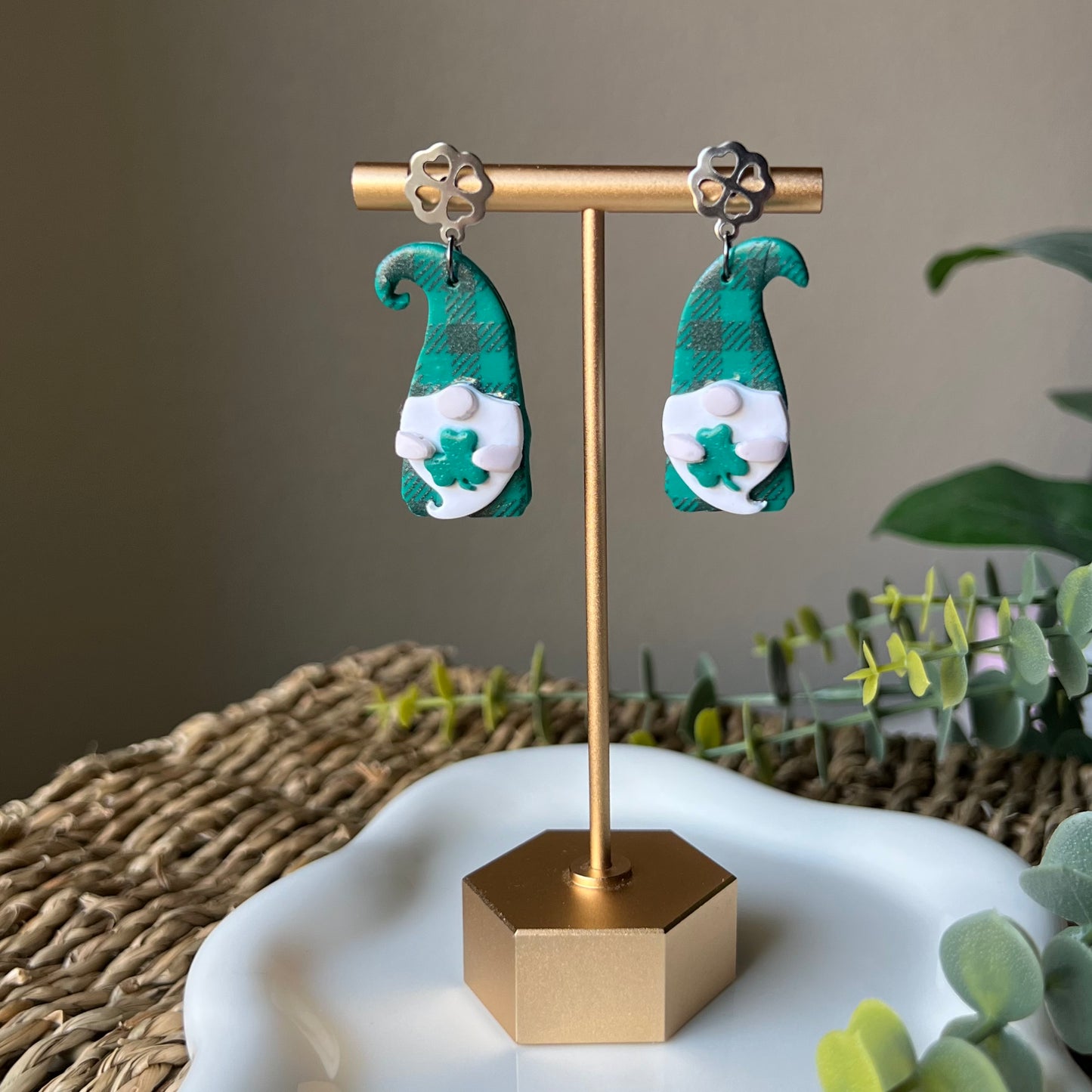 Green & Black Gingham Print Gnome Polymer Clay Earrings