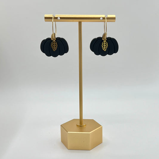 Polymer Clay Earrings - Pumpkin and Brass Leaf Hoop Dangles