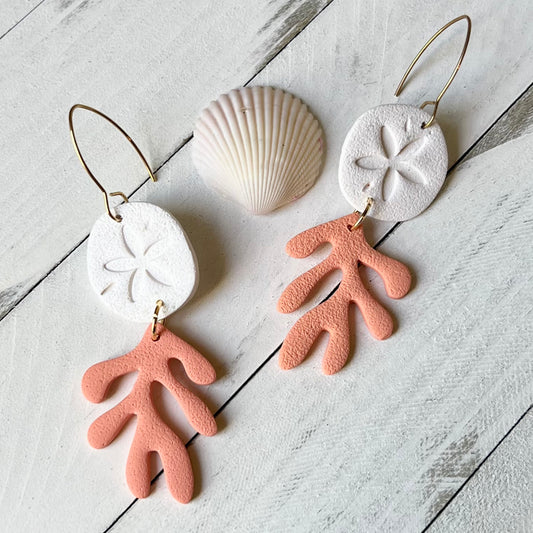 Sand Dollar & Coral Reef Polymer Clay Earrings