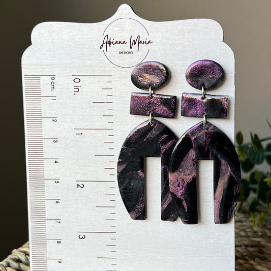 Polymer Clay Earrings - Midnight Magic: Black & Purple Marbled Statement Dangles