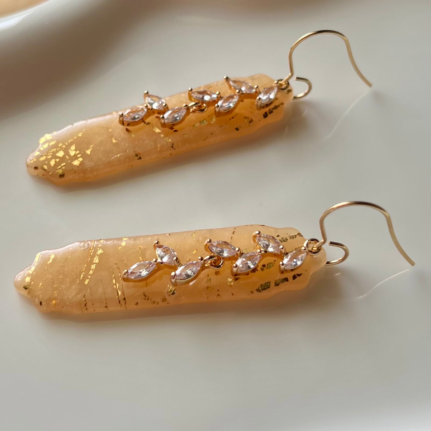 Beige Translucent Bar & CZ Vine Pendant Polymer Clay Dangle Earrings
