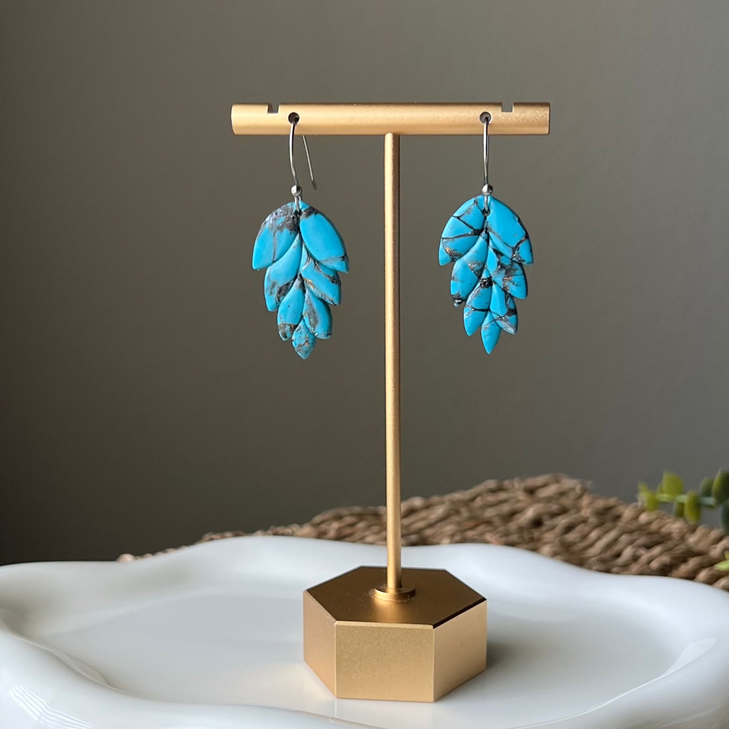 Turquoise Stone Inspired Leaf Polymer Clay Dangle Earrings
