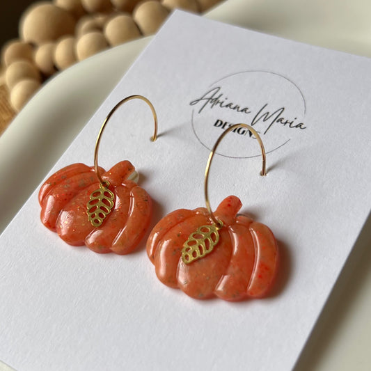 Polymer Clay Earrings - Orange Marbled Pumpkins with brass leaf