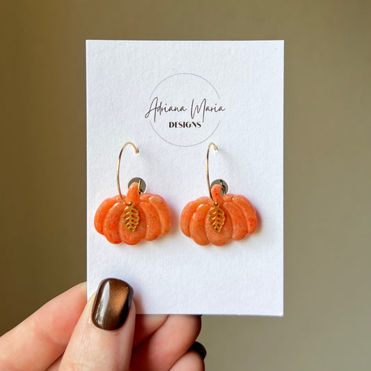 Orange Marbled Pumpkin Polymer Clay Hoop Earrings