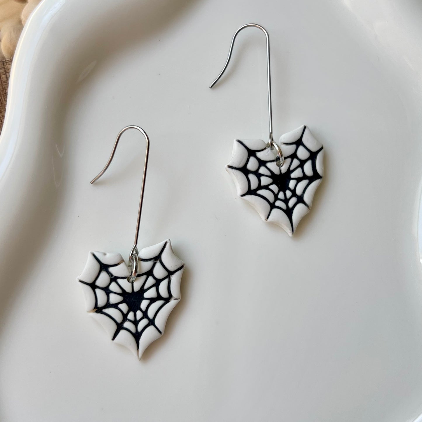 Glow in the Dark Spiderweb Heart Clay Dangle Earrings