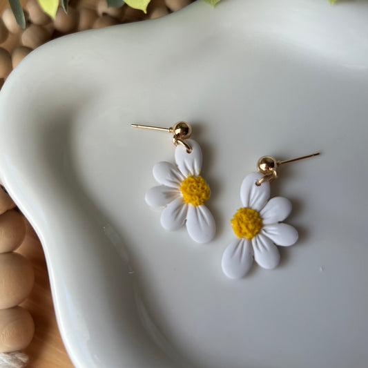 Blue & White Half Daisy Polymer Clay Dangle Earrings