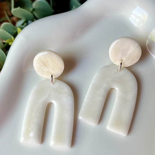 White & Translucent Marbled Arch Polymer Clay Earrings